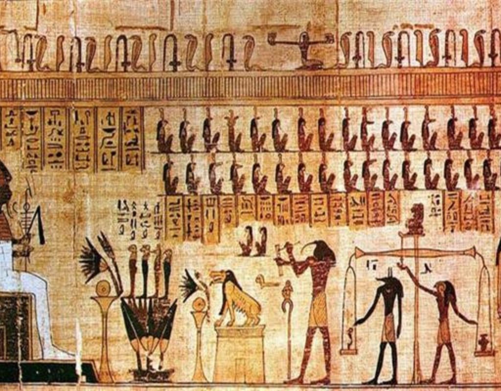 Illustration of a judgment scene from the Book of the Dead with gods and a balance scale.